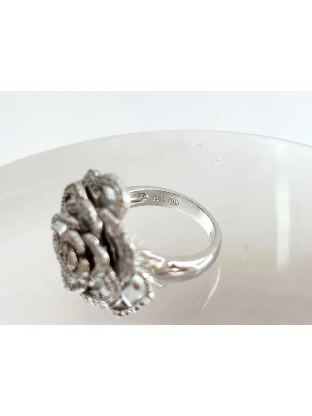 Blooming Rose Floral Textured Jumbo Sterling Silver 925 Vintage Ring - sz 7